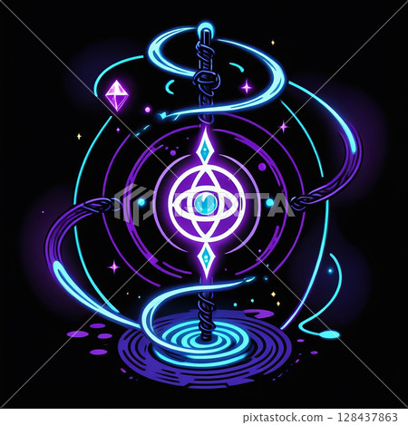 Glowing magical staff surrounded by swirling energy and mystical symbols in a dark background with bright accents and cosmic elements creating a fantasy atmosphere. Glowing magical staff surrounded by swirling energy and mystical symbols in a dark background with bright accents and cosmic elements creating a fantasy atmosphere. 128437863
