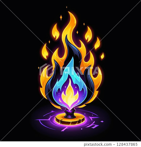 Colorful flame illustration with blue and orange gradient over a dark background resembling a magical or fantasy-themed design. 128437865