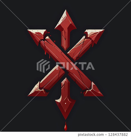 Sharp red arrows crossed over a dark background with a dripping blood motif, showcasing a bold graphic design that conveys strength and danger. 128437882