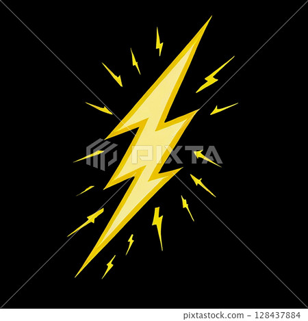 Lightning bolt graphic design against a black background with dynamic energy lines radiating outward creating a striking visual impact and emphasizing the power of nature and electricity. 128437884