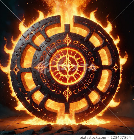 Glowing mystical stone shield surrounded by flames with intricate carvings and symbols emanating a magical aura in a dark atmosphere. 128437894