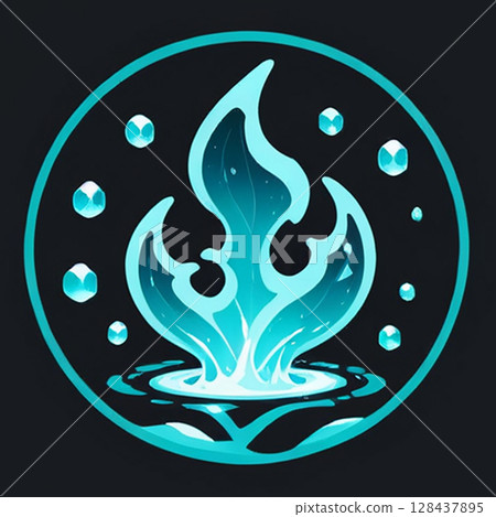 Bright turquoise flame design surrounded by crystals on dark background in a circular emblem representing energy and mysticism. 128437895