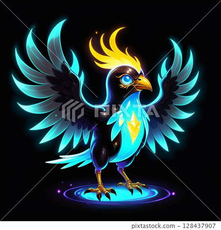 Colorful bird with glowing feathers, majestic wings, and a striking blue and yellow color scheme, standing proudly against a dark background with a magical aura. 128437907