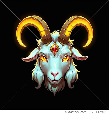 Majestic goat head illustration with intricate golden horns and a jewel on the forehead against a black background, showcasing a blend of elegance and power in graphic design. 128437908