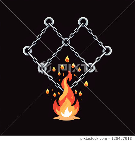 Burning flame surrounded by chains in a dark background with fiery droplets falling, creating a dramatic contrast of elements and colors. Burning flame surrounded by chains in a dark background with fiery droplets falling, creating a dramatic contrast of elements and colors. 128437918
