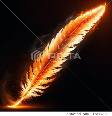Fiery orange feather swirling against a dark background, glowing with light and energy, evoking a sense of creativity and inspiration through its vibrant colors and delicate texture. 128437920