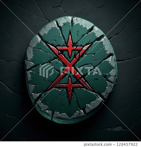 Cracked stone texture with a striking red symbol, featuring sharp edges and deep grooves against a dark background, evoking a sense of mystery and ancient artifacts. Cracked stone texture with a striking red symbol, featuring sharp edges and deep grooves against a dark background, evoking a sense of mystery and ancient artifacts. 128437922