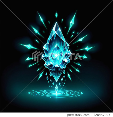 Glowing blue crystal formation with sharp edges and radiant light effects, surrounded by a dark background and concentric circles of shimmering water ripples. 128437923