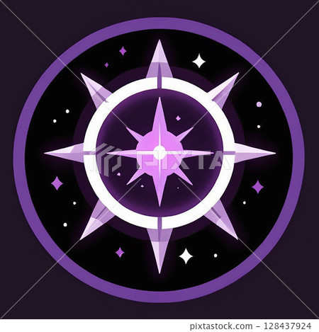 Vibrant purple compass graphic with sharp points surrounded by stars on a dark background emphasizing navigation and direction in a modern artistic style. 128437924