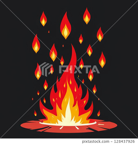 Vibrant flames dancing in a dark setting surrounded by flickering fire droplets creating a warm and inviting atmosphere perfect for cozy gatherings or camping adventures. 128437926