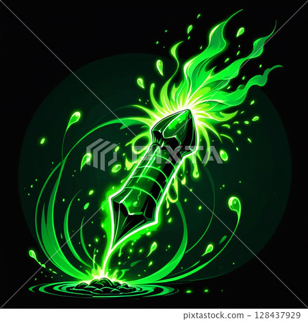Emerald-green magic spell emanating from a mystical pointed object surrounded by vibrant swirling energy splashes against a dark background. 128437929
