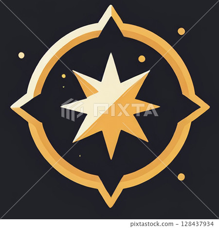 Star-shaped compass emblem centered on dark background with glowing accents and smooth design elements illustrating navigation and adventure theme. Star-shaped compass emblem centered on dark background with glowing accents and smooth design elements illustrating navigation and adventure theme. 128437934