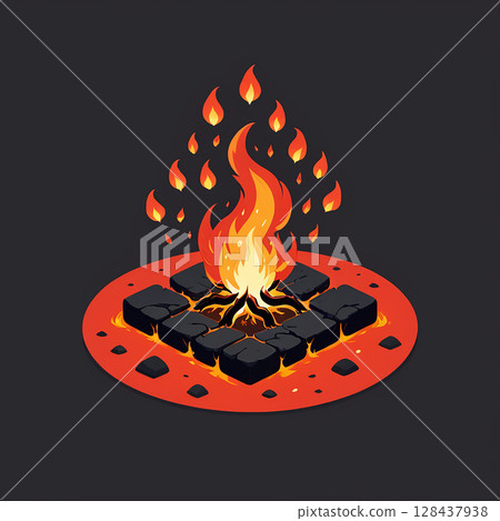 Vibrant campfire with flickering flames surrounded by dark stones on a circular red backdrop, creating a warm and inviting atmosphere perfect for outdoor adventures and cozy gatherings. Vibrant campfire with flickering flames surrounded by dark stones on a circular red backdrop, creating a warm and inviting atmosphere perfect for outdoor adventures and cozy gatherings. 128437938