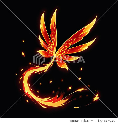 Flame-colored butterfly with vibrant wings and fiery tail, set against a dark background, exuding an enchanting and magical aura, surrounded by glowing sparks and an ethereal atmosphere. Flame-colored butterfly with vibrant wings and fiery tail, set against a dark background, exuding an enchanting and magical aura, surrounded by glowing sparks and an ethereal atmosphere. 128437939