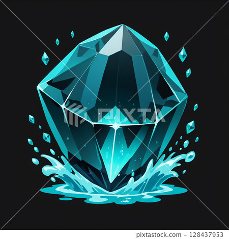 Glowing blue diamond splashing in water with shimmering reflections illuminated by soft light against a dark background creating a visually captivating scene of elegance and beauty. 128437953