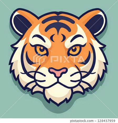 Tiger head illustration with bold features, vibrant orange and black colors, set against a soft green background, showcasing the majestic expression of this powerful animal. 128437959