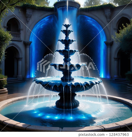 Majestic fountain surrounded by greenery and illuminated with blue lighting in an elegant outdoor setting, creating a serene and tranquil atmosphere. 128437963