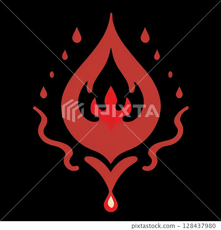 Flame-inspired artistic design featuring a stylized teardrop shape in red on a black background, surrounded by small droplets for an eye-catching effect. 128437980