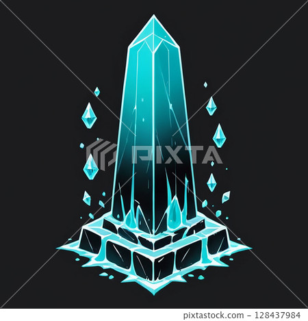 Glowing crystal tower surrounded by floating shards of ice with a shimmering blue hue on a dark background creating a magical and mystical atmosphere. 128437984