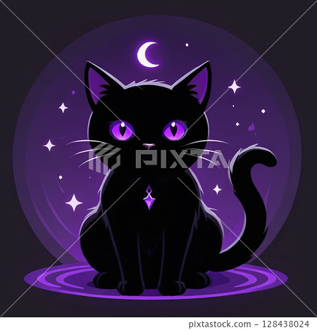 Black cat sitting under a crescent moon surrounded by twinkling stars and mystical purple aura creating a magical and enchanting atmosphere emphasizing feline elegance and charm. 128438024