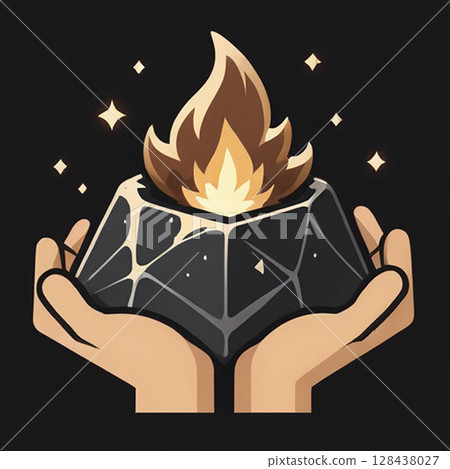 Glowing gemstone held in hands with fire flame emanating from the center surrounded by sparkling stars on a dark background creating an enchanting, mystical visual effect. 128438027