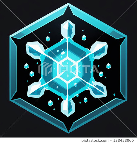 Glowing ice crystal design with geometric shapes and a dark background creating a mystical and enchanting appearance for digital art or gaming applications. 128438060