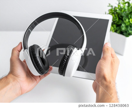 Male hands holding a tablet and headphones Male hands holding a tablet and headphones 128438063