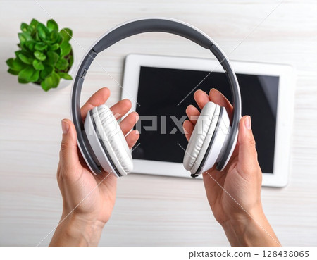 Listen to music on a tablet 128438065