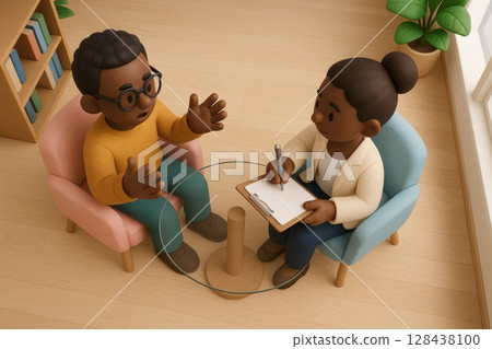 Cartoon man expressing emotions while female therapist takes notes during a session Cartoon man expressing emotions while female therapist takes notes during a session 128438100