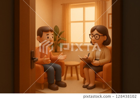Cartoon man talking to a female therapist in a cozy therapy office, viewed from a slightly open door. 128438102