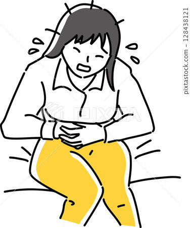 A woman suffering from abdominal pain 128438121