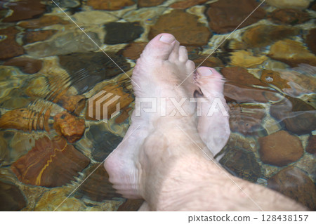 Feet submerged in clear water with stones, creating a tranquil and refreshing scene for relaxation. 128438157