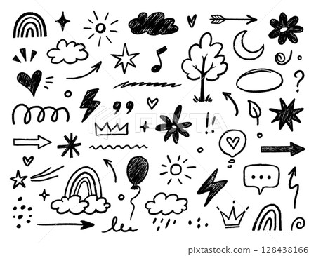Hand drawn crayon chalk icon set. Cute flower, heart, cloud, star, crown and rainbow in colorful kid scribble style. Tree, house, smile, sun school sketch nature children design. Vector Hand drawn crayon chalk icon set. Cute flower, heart, cloud, star, crown and rainbow in colorful kid scribble style. Tree, house, smile, sun school sketch nature children design. Vector 128438166