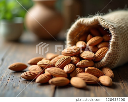 Whole Organic Almonds Spilling from Jute Sack onto Rustic Wood in Warm Kitchen Light 128438208