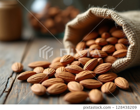 Raw organic almonds spilling from a jute sack onto rustic wooden table in warm natural light 128438209