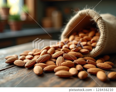 Raw organic almonds scattered from burlap sack on rustic wooden surface with soft kitchen background 128438210