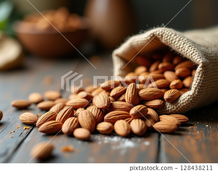 Macro Shot of Raw Almonds Scattered from Burlap Sack on Rustic Wooden Surface in Natural Light 128438211