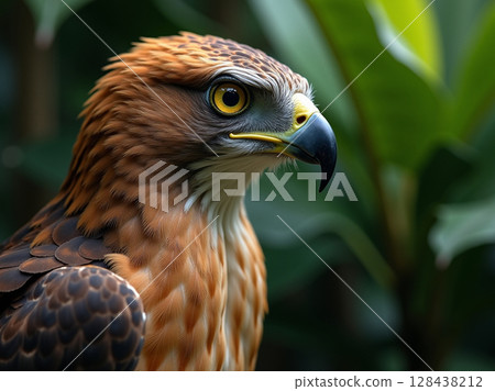 Hyperrealistic Macro Close-up of Javan Hawk-Eagle's Piercing Yellow Eyes and Intricate Feather Details 128438212