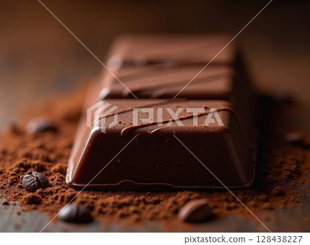 Whole Dark Chocolate Bar on Cocoa Powder Bed with Coffee Beans in Warm Rustic Light 128438227
