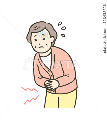 Upper body illustration of an elderly woman suffering from abdominal pain and holding her stomach 128438228