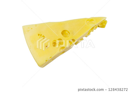 Piece of swiss cheese isolated on white background. Top view 128438272