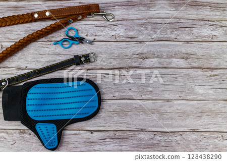 Dog accessories on wood background. Blue rubber grooming glove, claw clipper, brown leather leash and spiked collar for dog on wooden background. Top view, copy space. Pet care concept 128438290
