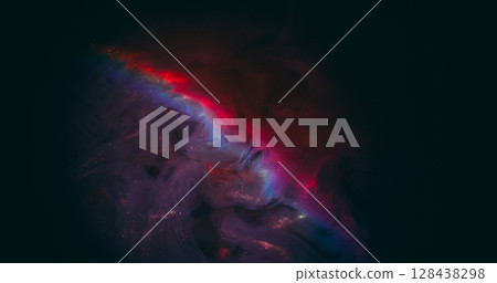 Neon smog. Color water. Defocused purple pink blue sparkling swirling rainbow liquid floating on abstract dark black light art background. 128438298