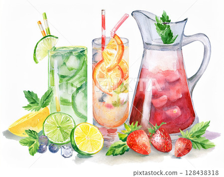 水彩果汁插畫雞尾酒多種酒精草莓柳橙青檸酒精簡約 128438318