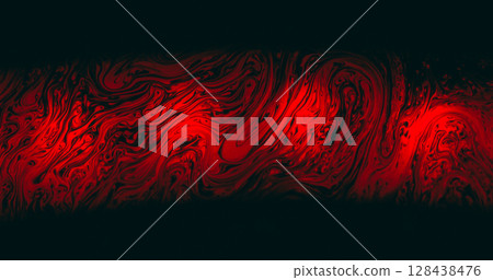 Bright paint flow. Gasoline texture. Red color ink soap stream multilayer art reflection. Dye mix glow defocused abstract black background. 128438476