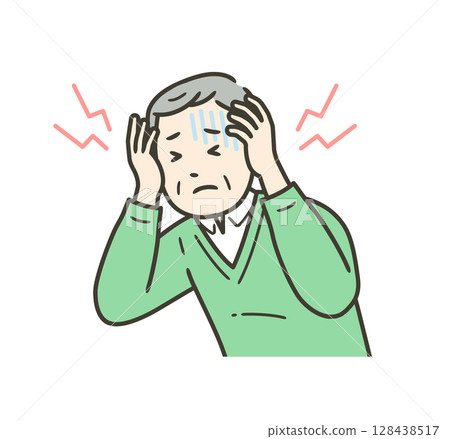 Illustration of an elderly man suffering from a headache and holding his head Illustration of an elderly man suffering from a headache and holding his head 128438517