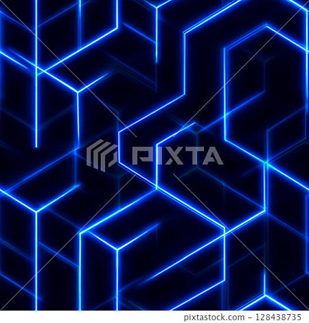 A vibrant and futuristic seamless pattern featuring an abstract geometric design composed of glowing neon blue lines 128438735