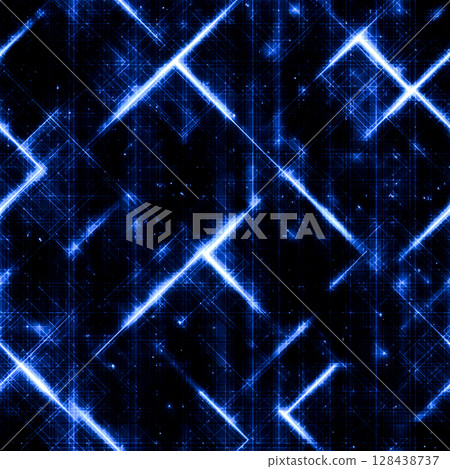 A vibrant and futuristic seamless pattern featuring an abstract geometric design composed of glowing neon blue lines 128438737