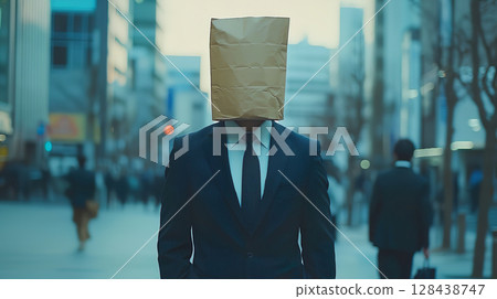 A businessman wearing a plain paper bag on his head in the street A businessman wearing a plain paper bag on his head in the street 128438747