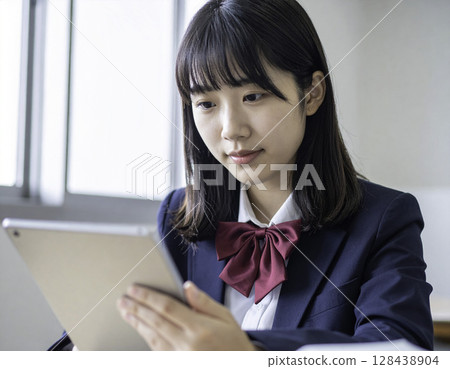 High school girls studying on tablets in the classroom, the future of digital education and learning 128438904